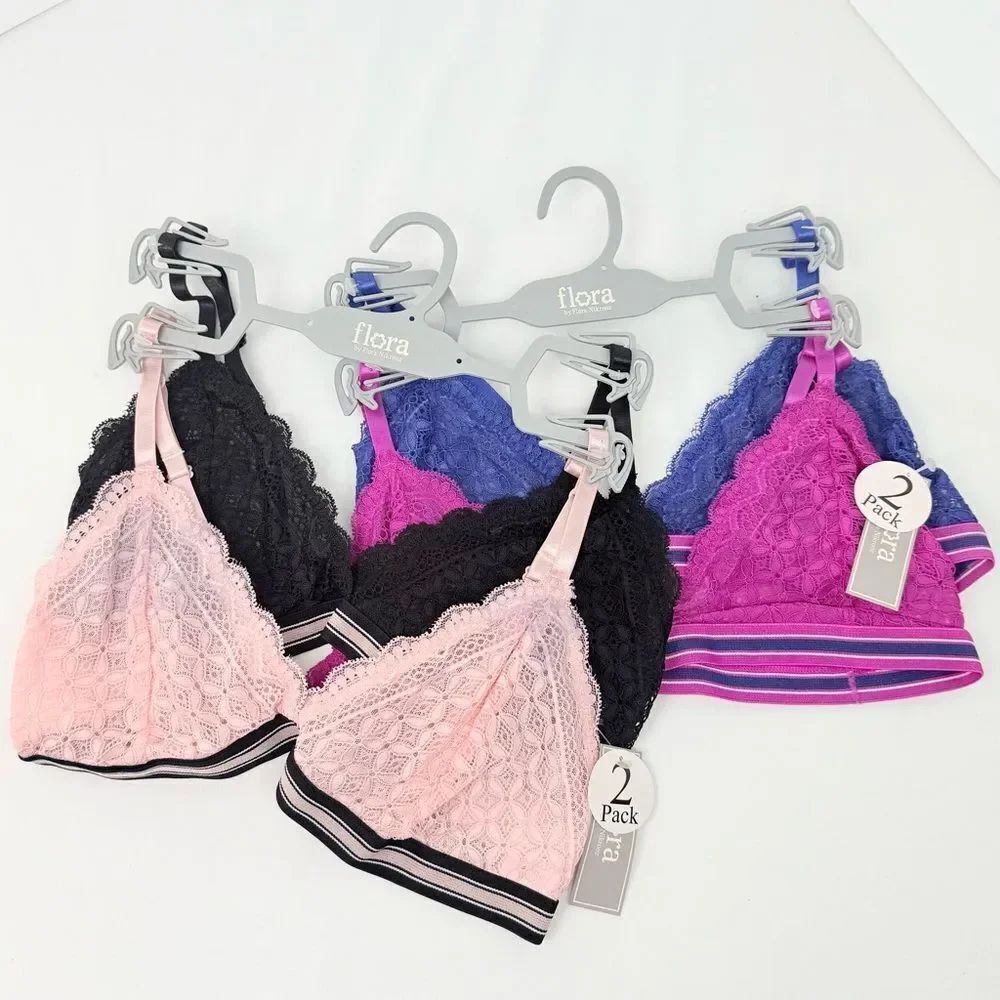Flora Black Pink Magenta Blue Set of Four Floral Lace Soft Cupless Bralettes NEW